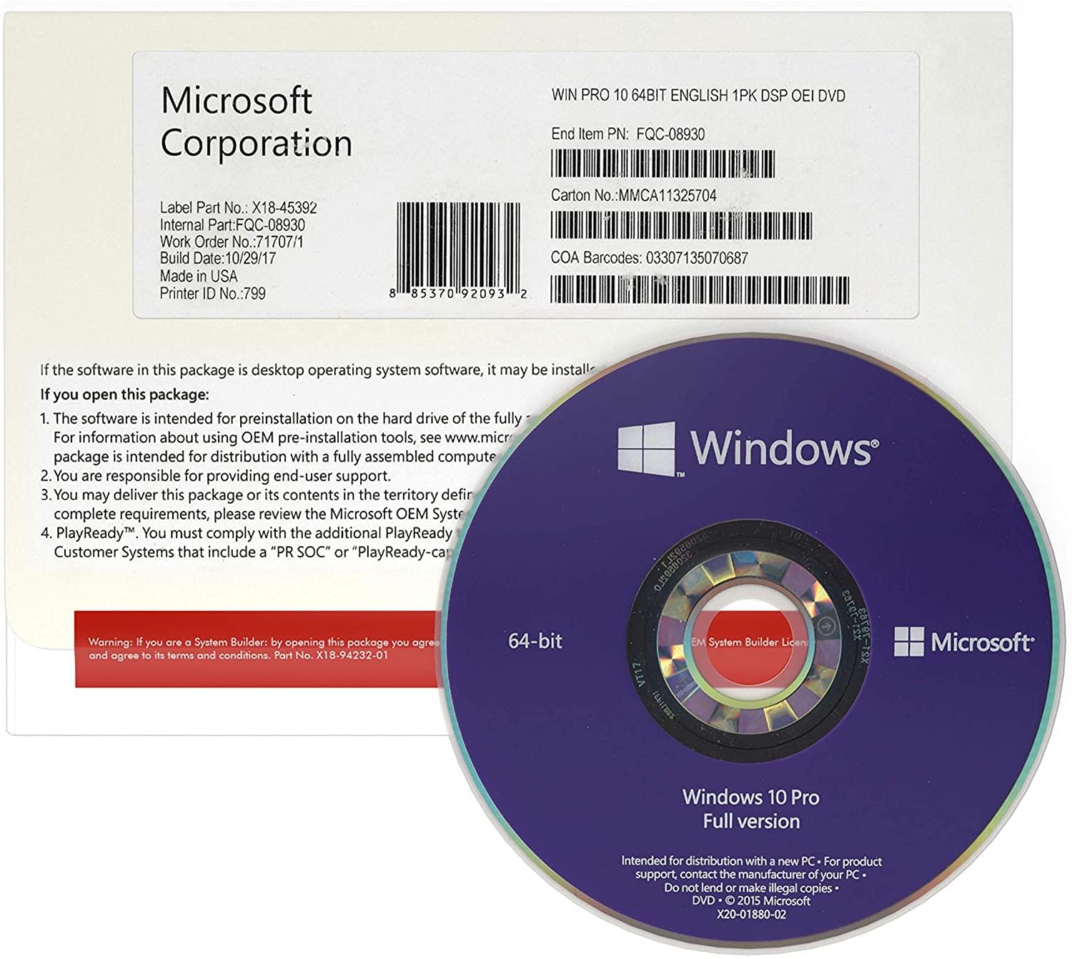 Microsoft Windows 10 Professional 64 BIT Operating System